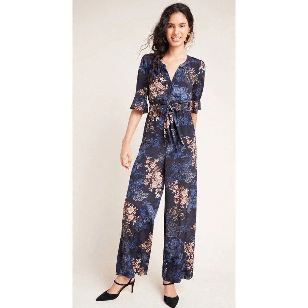 Kachel Anthropologie Serina Blue Floral Wide Leg Silk Jumpsuit Size 2 Modest